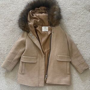 Kids Camel Brown Hooded Coat with Faux Fur Trim